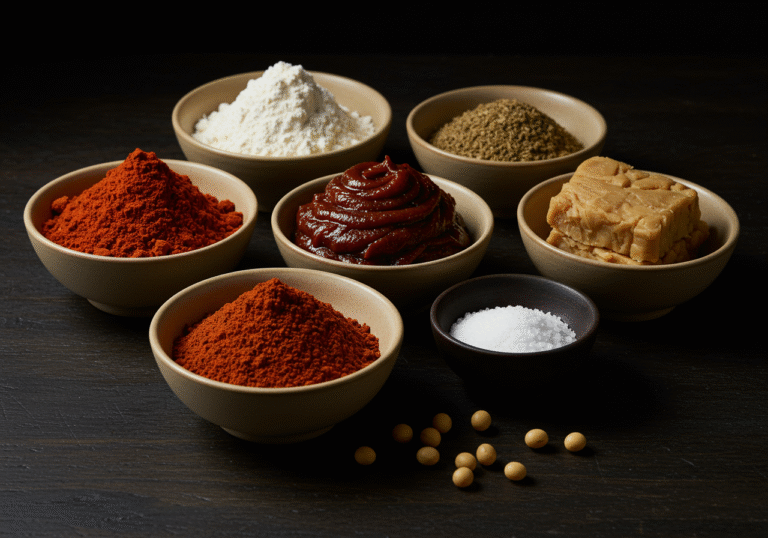 Crispy Korean Fried Chicken with Gochujang Sauce 6 Gochujang ingredients in small bowls: Korean chili powder, rice flour, fermented soybean powder, salt and soybeans