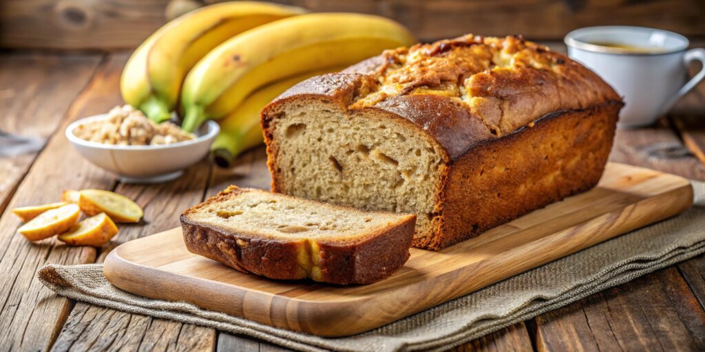 Sliced gluten-free banana bread loaf on a wooden board with ripe bananas