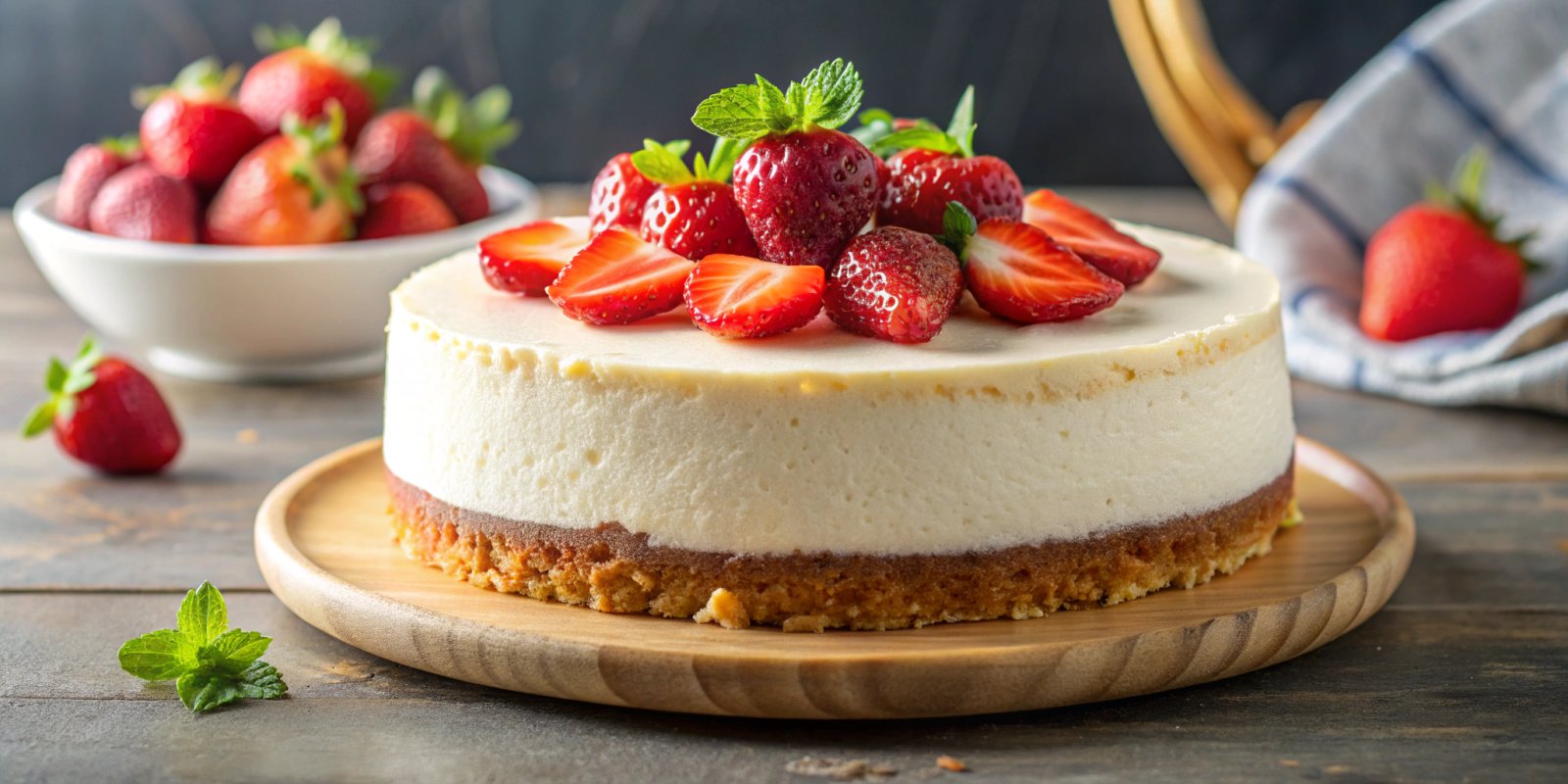 No-bake cheesecake with a graham cracker crust topped with fresh strawberries