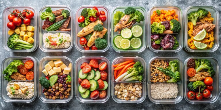 Meal prep containers filled with balanced homemade meals
