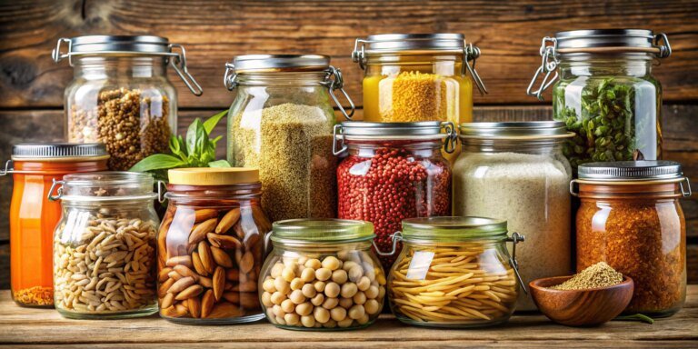 Pantry staples stored in glass jars on a wooden shelf