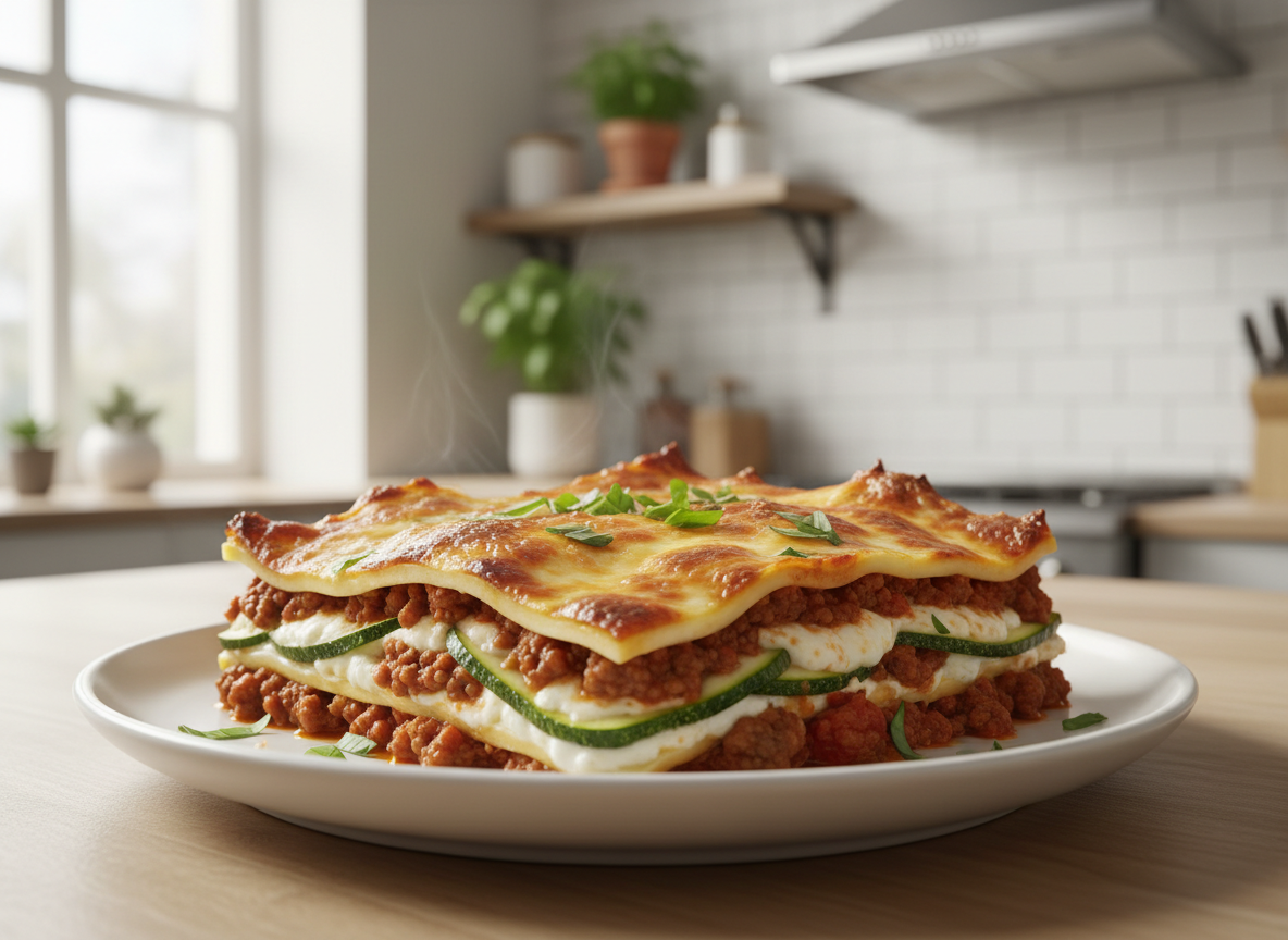 Plated slice of keto zucchini lasagna showing distinct layers