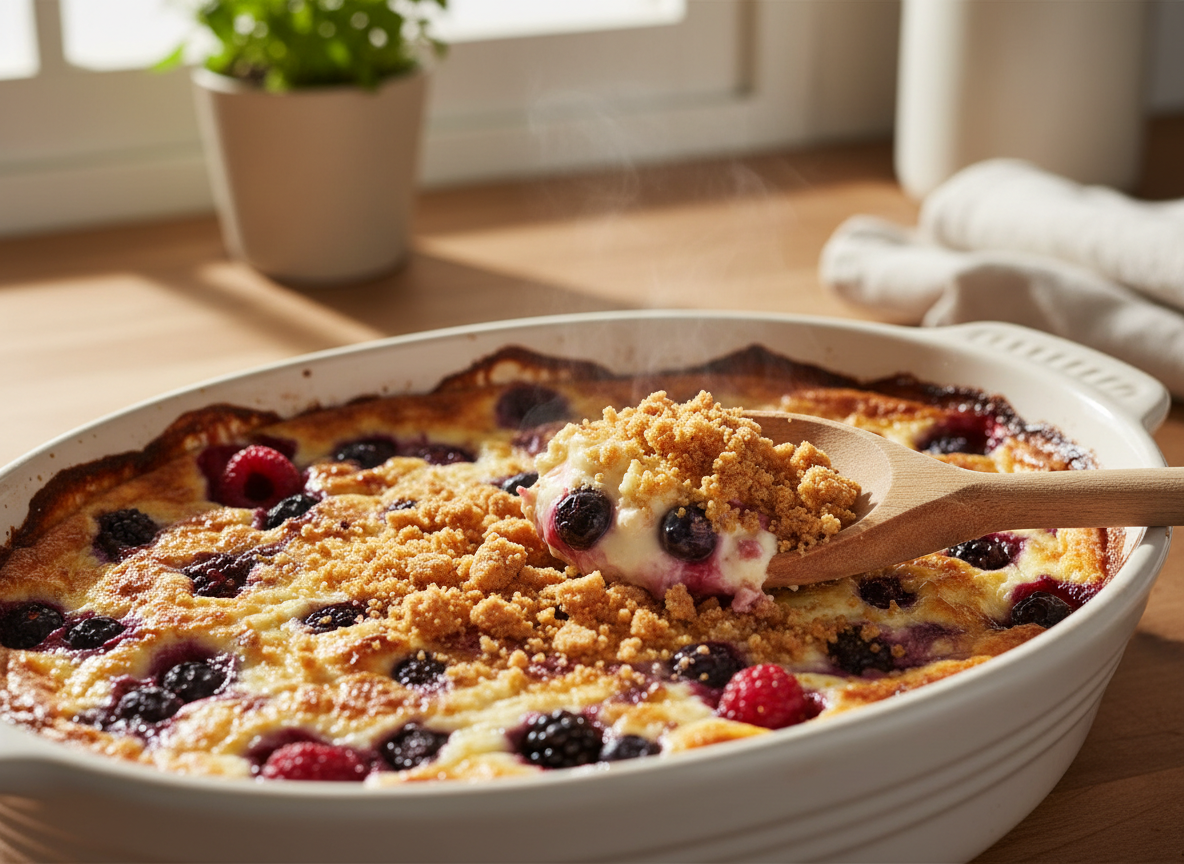 The Viral Baked Feta Cheesecake Bake, Made Foolproof 6 Graham cracker crumbs being folded into a warm baked feta cheesecake bake with a wooden spoon