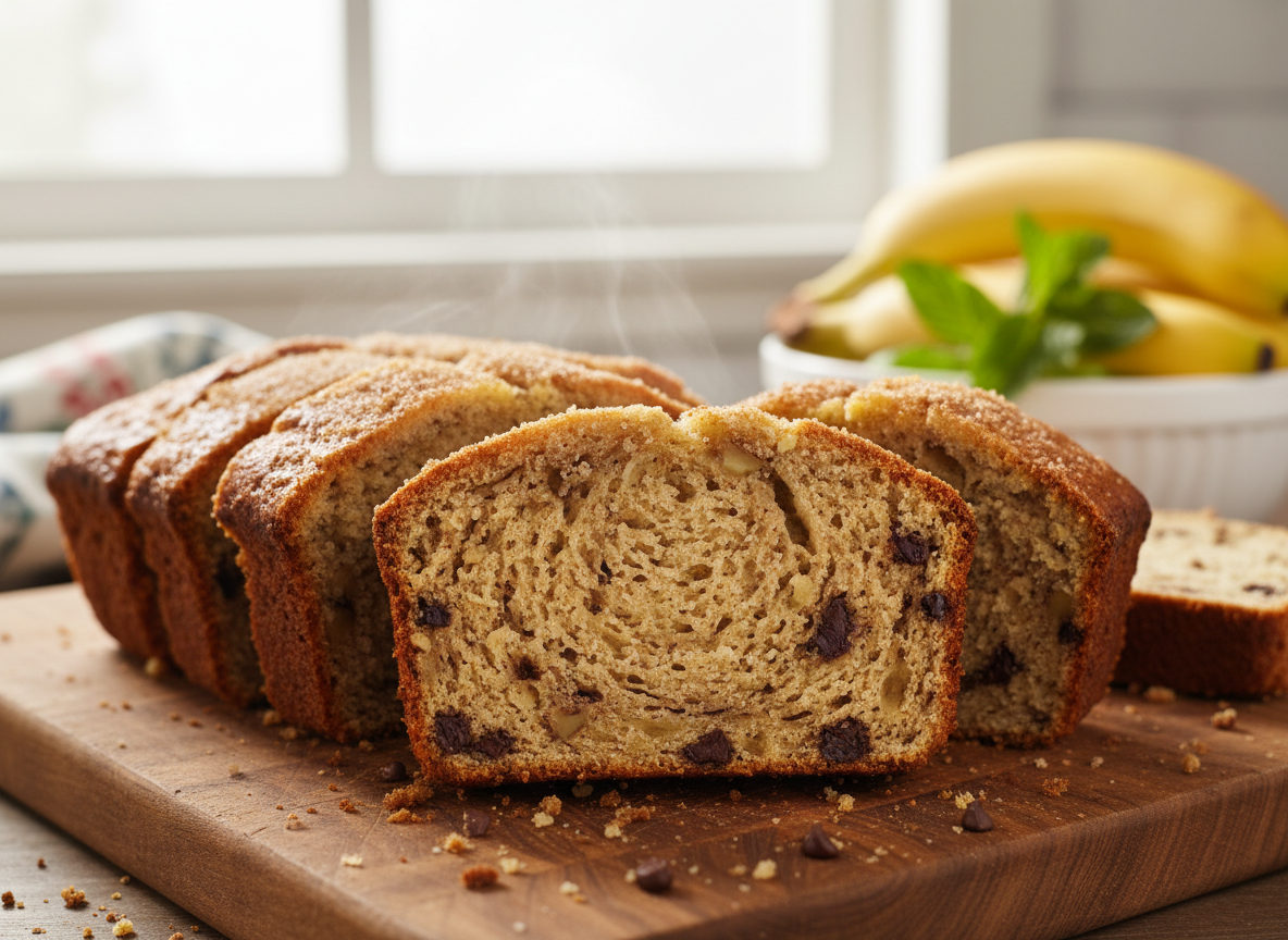 Slices of gluten-free banana bread with a fully set, tender crumb