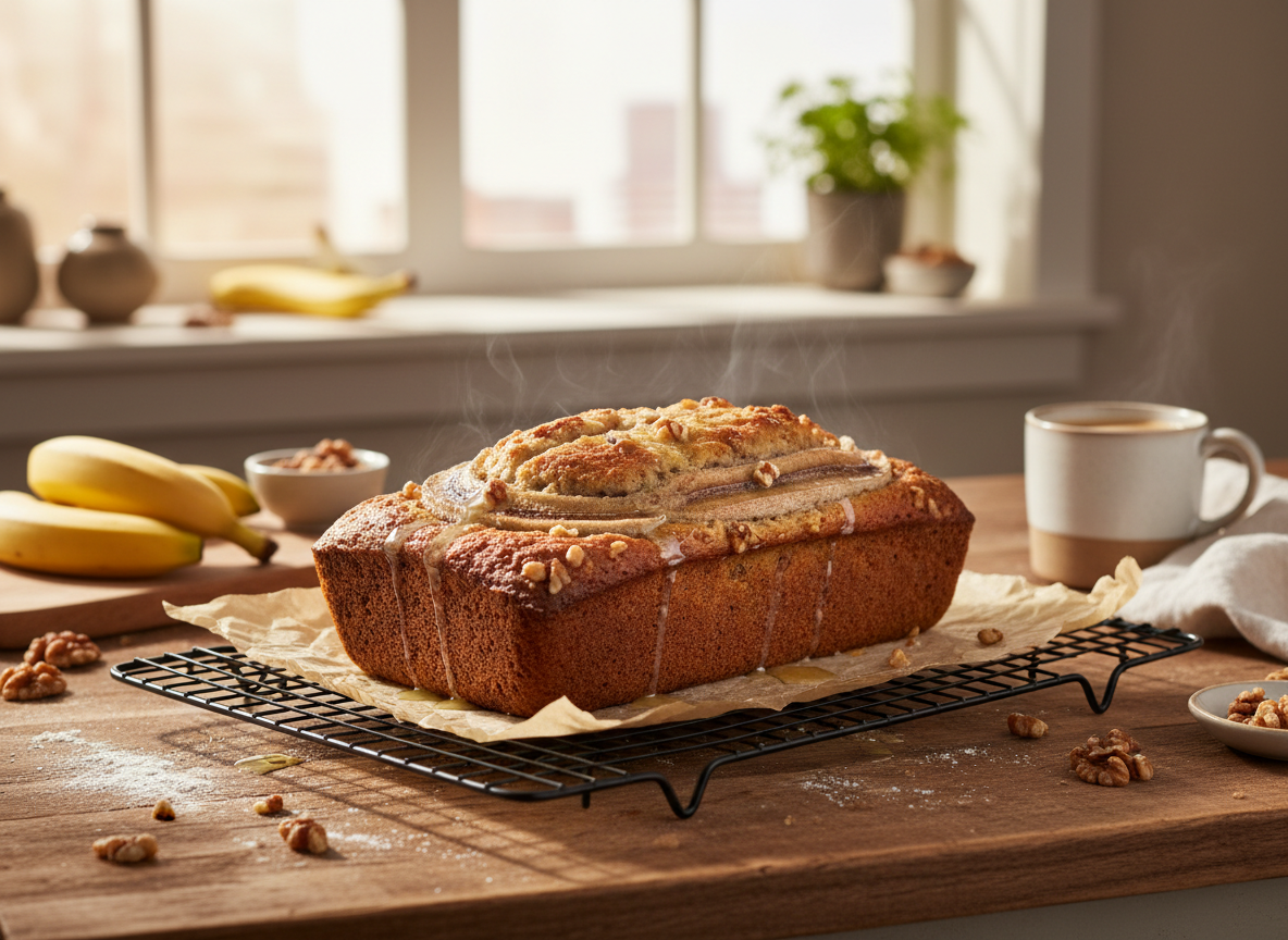 Gluten-free banana bread loaf cooling on a wire rack