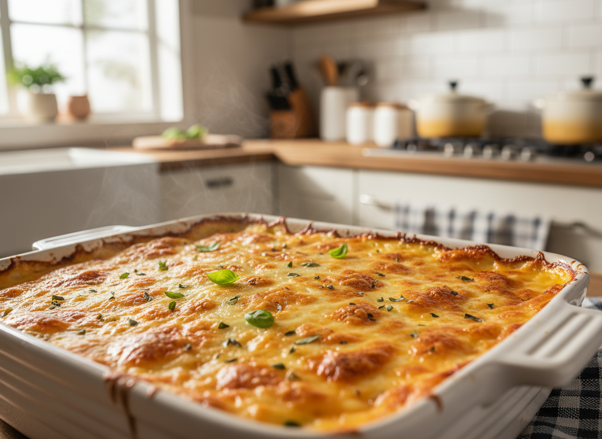 Golden bubbly baked keto zucchini lasagna fresh out of the oven