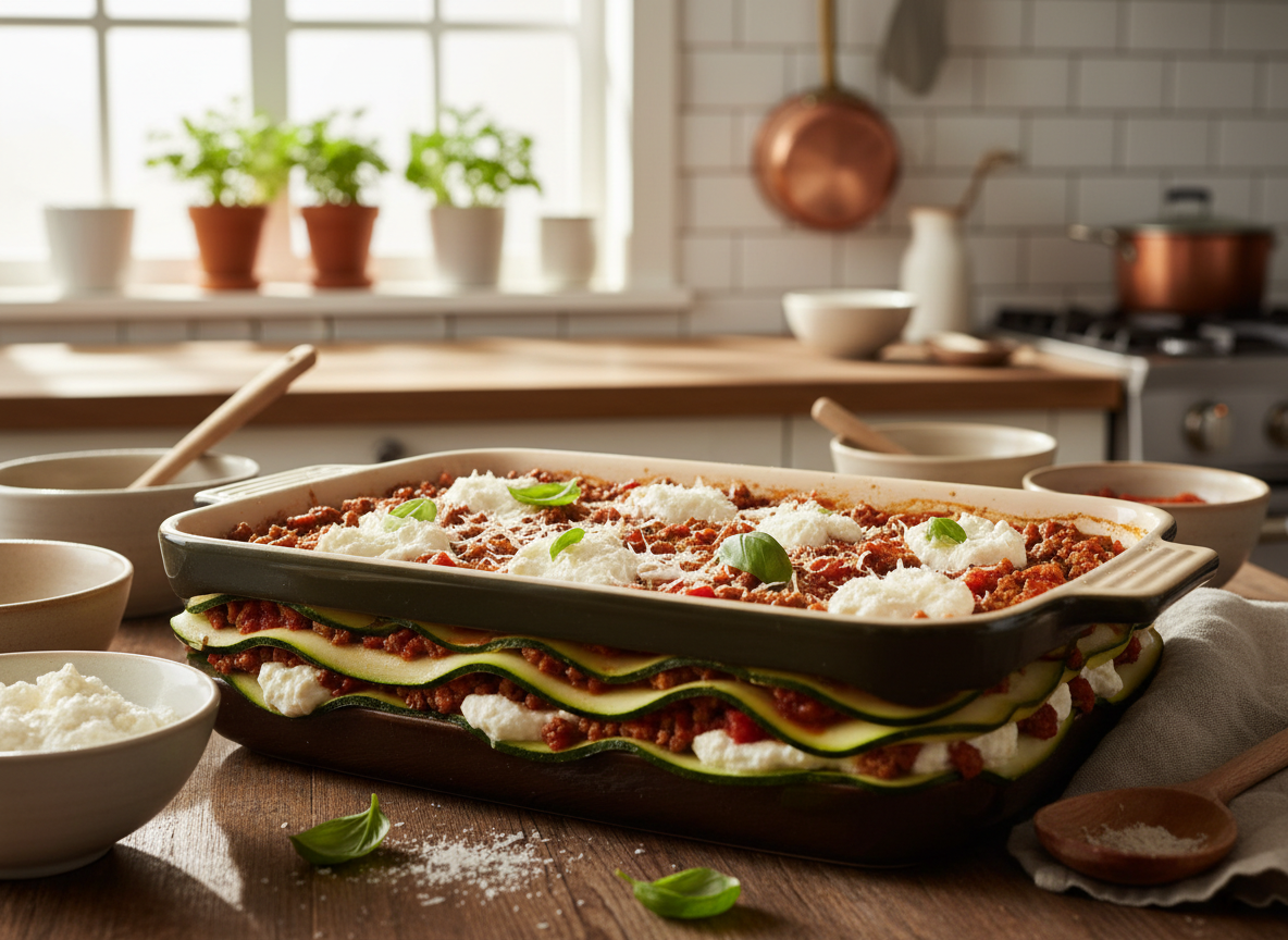 Layering zucchini slices, ricotta, and meat sauce for keto zucchini lasagna