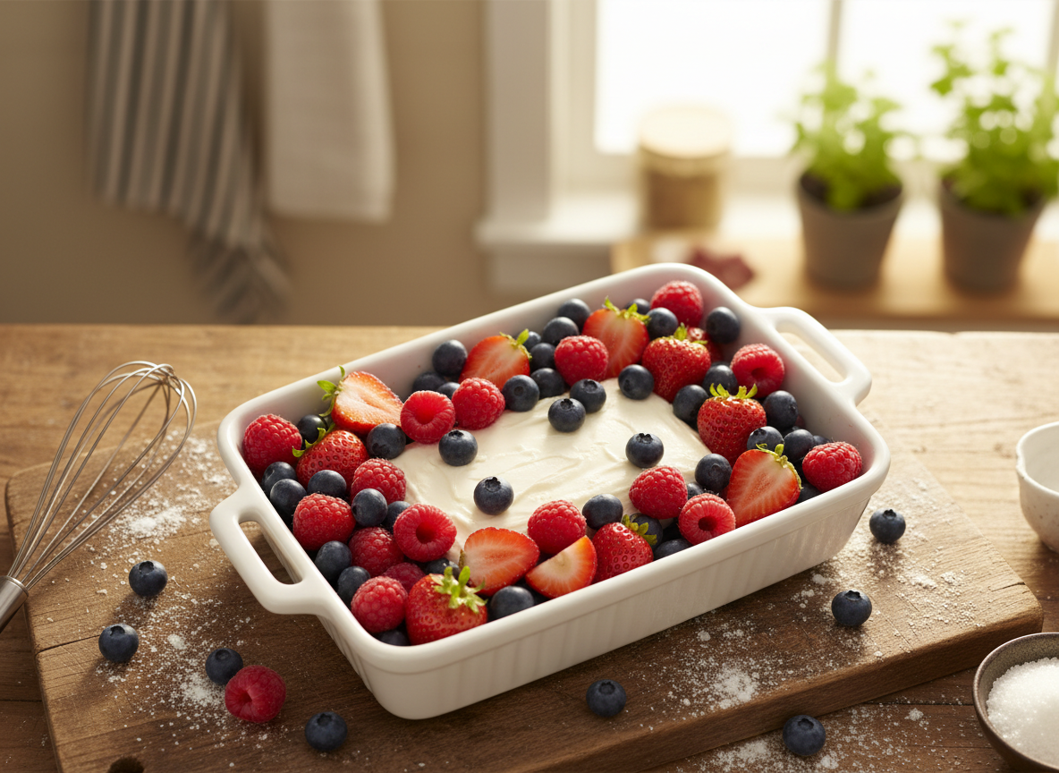 The Viral Baked Feta Cheesecake Bake, Made Foolproof 4 Block of cream cheese surrounded by fresh berries in a ceramic baking dish before baking for a baked feta cheesecake bake