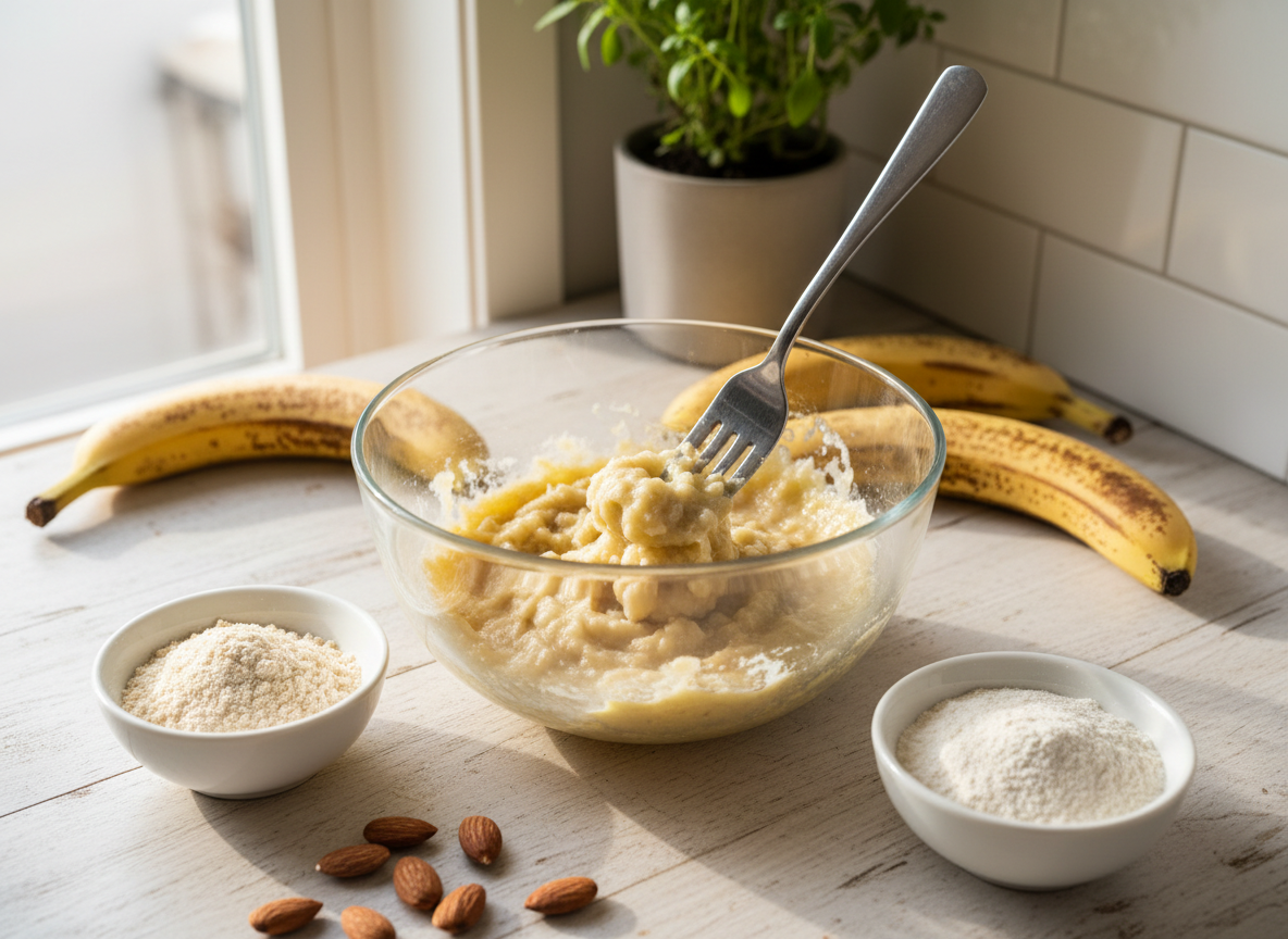 Very ripe bananas mashed in a glass bowl next to gluten-free flour and almond flour