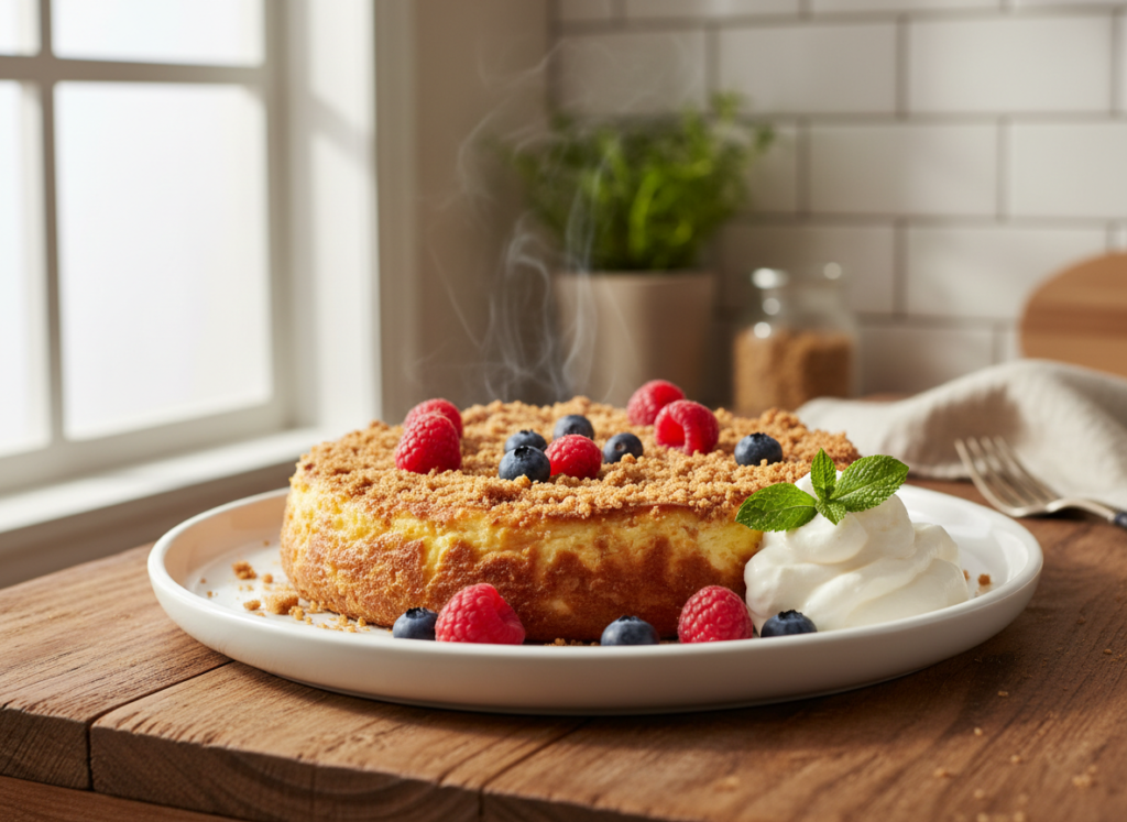 Bright, appetizing food photography, plated serving of warm baked feta-style cheesecake dessert bake with graham cracker crumbs and berries on a white plate, garnished with a dollop of whipped cream and mint leaf, warm bright kitchen styling, natural light