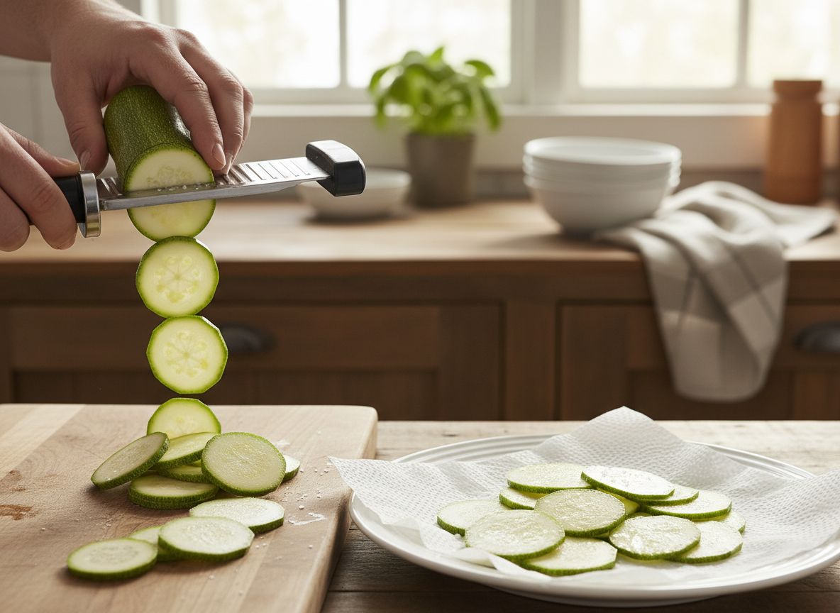 Thin zucchini slices being cut on a mandoline for keto zucchini lasagna