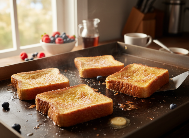 The Ultimate Crispy French Toast You’ll Love 6 French toast cooking on a griddle with caramelized edges