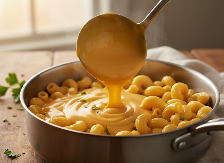 Pouring creamy cheese sauce for this mac and cheese recipe over macaroni pasta