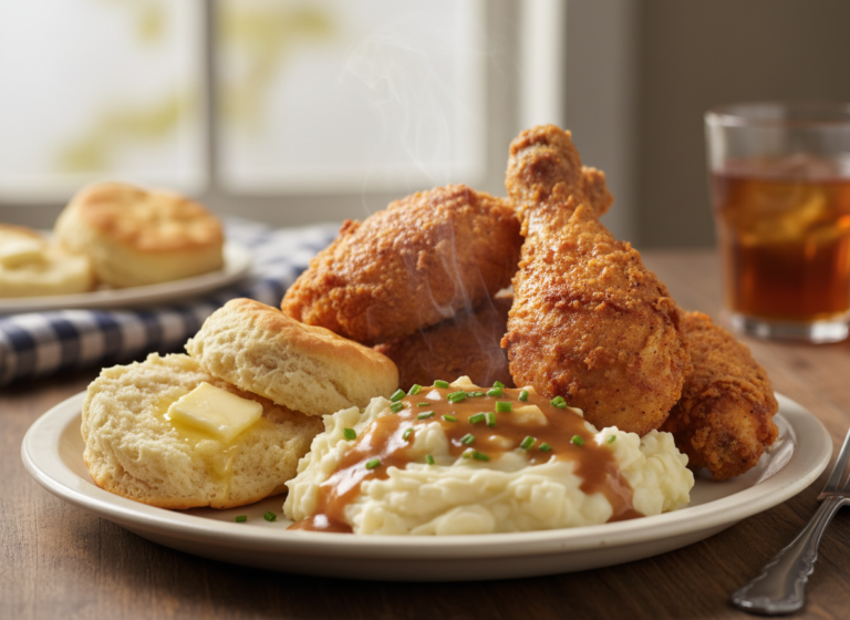 Plate of Southern fried chicken served with mashed potatoes and biscuits