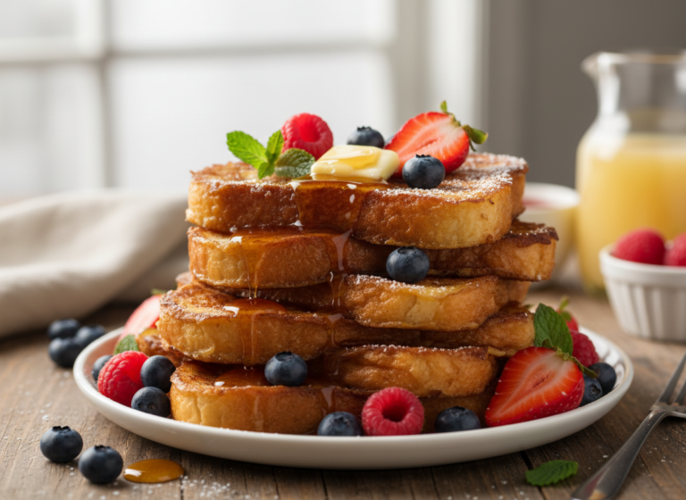 The Ultimate Crispy French Toast You’ll Love 7 Plate of crispy French toast with maple syrup and fresh berries