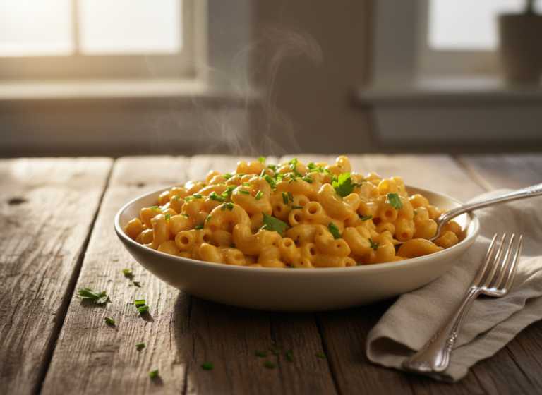 Plated bowl of creamy mac and cheese garnished with herbs
