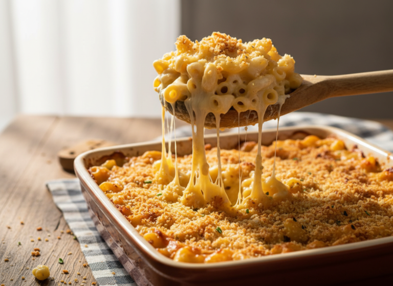 Scooping a cheesy serving of mac and cheese