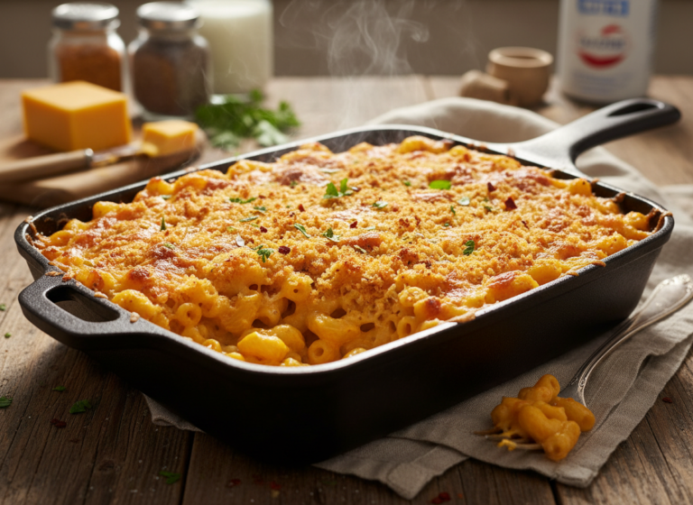 Baked mac and cheese recipe with golden bubbly crust