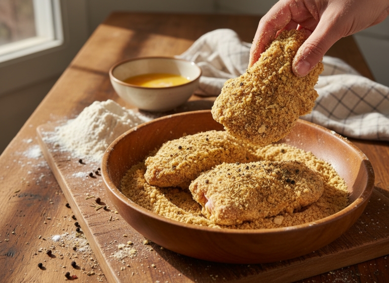 Double-dredging chicken pieces in seasoned flour