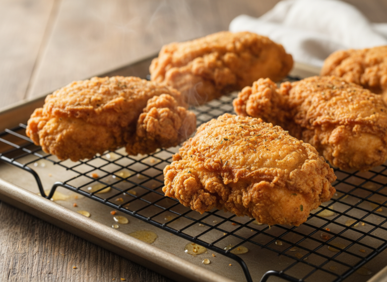 Crispy fried chicken draining on a wire rack