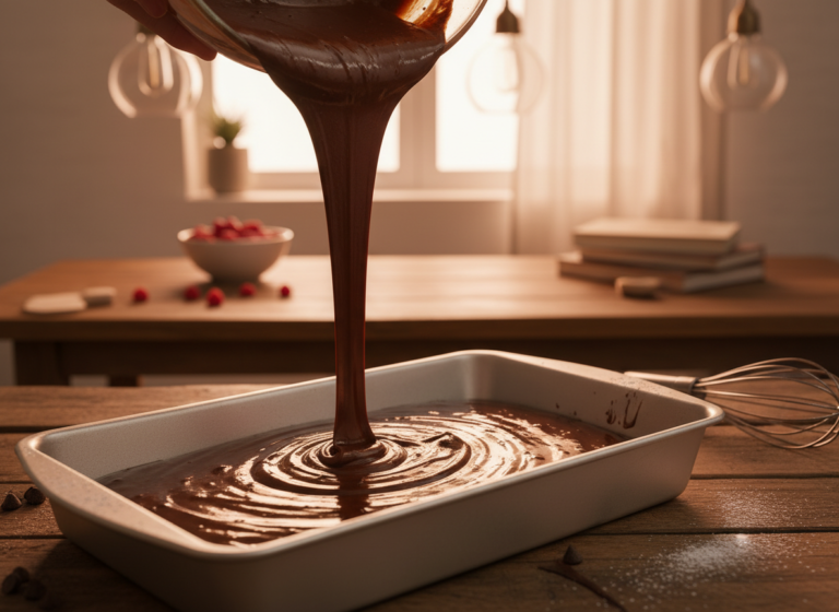 Pouring glossy chocolate brownie batter into a light-colored metal baking pan