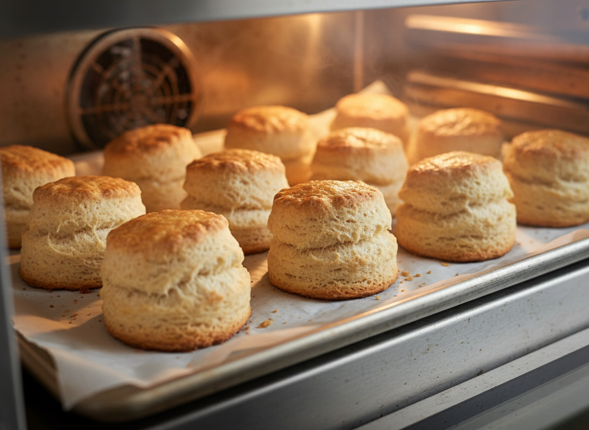 Golden flaky buttermilk biscuits baking on a sheet pan