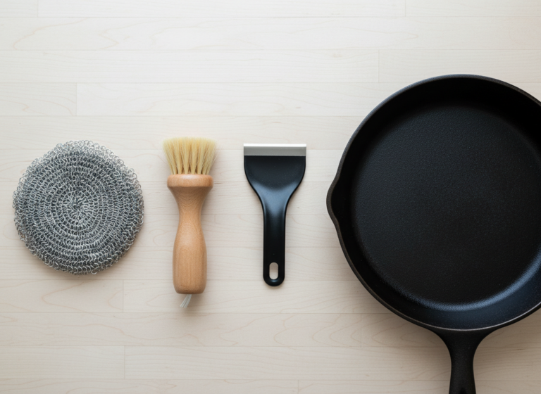 Chainmail scrubber, stiff scrub brush and pan scraper next to a clean cast iron skillet
