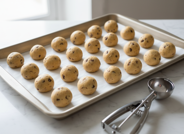 Balls of chilled cookie dough spaced on a parchment-lined baking sheet before baking
