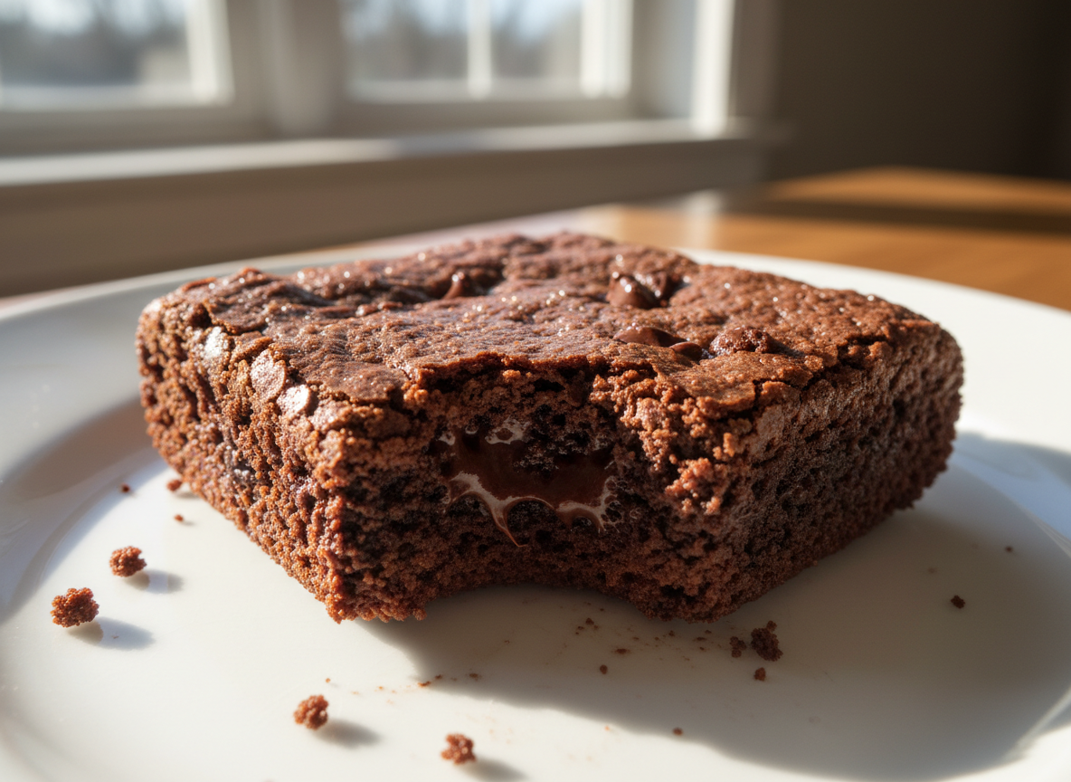 Close-up of a fudgy brownie with a bite taken out showing a gooey center