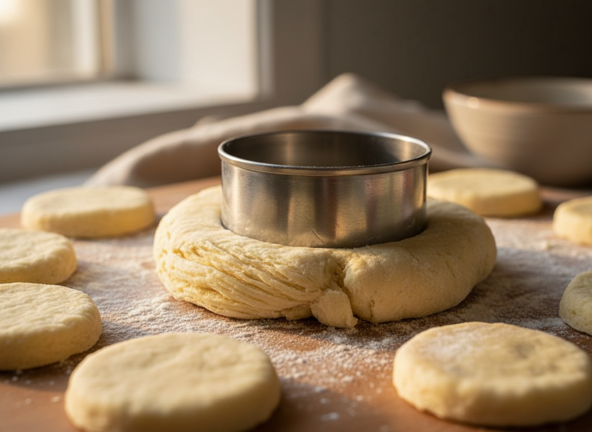 Biscuit dough being cut into rounds with a round biscuit cutter