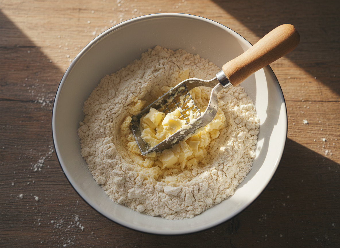 Cold butter being cut into flour with a pastry blender for flaky buttermilk biscuits