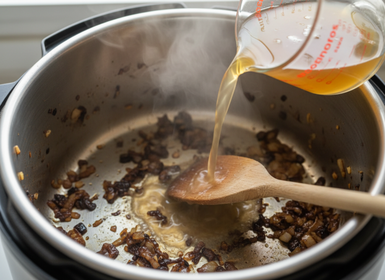 Deglazing a stainless steel pressure cooker pot with broth and a wooden spoon to lift browned bits