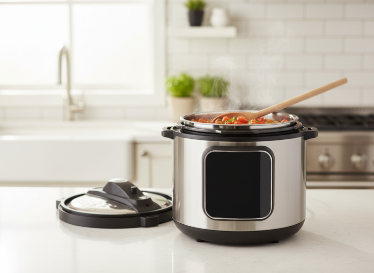 Instant Pot Burn Message: Why It Happens and How to Fix It 2 Electric pressure cooker with the lid off and a tomato stew in the inner pot after an Instant Pot burn message