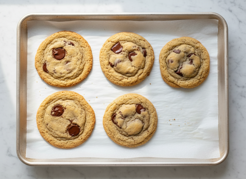 Flat, over-spread chocolate chip cookies next to thick chewy cookies on a parchment-lined baking sheet