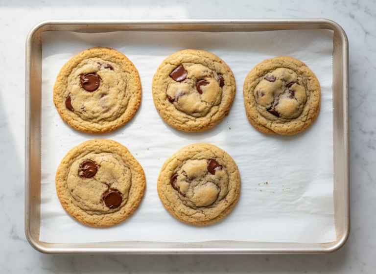 Flat, over-spread chocolate chip cookies next to thick chewy cookies on a parchment-lined baking sheet