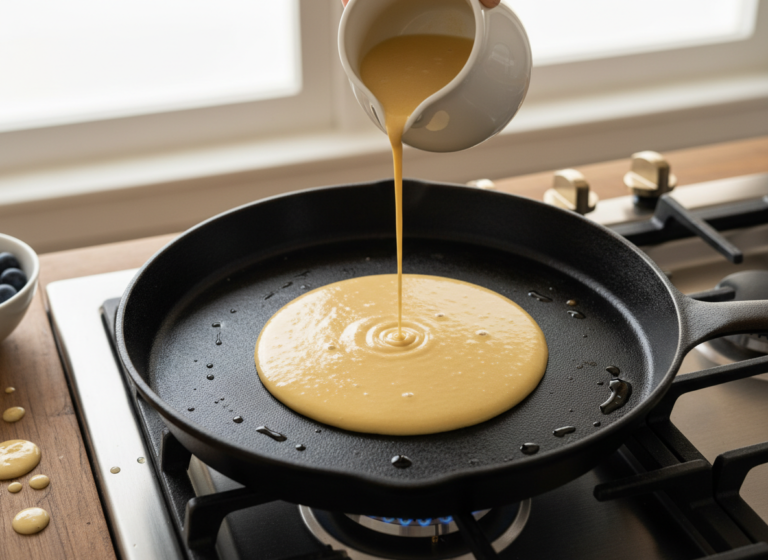 Pancake batter being poured into a hot skillet