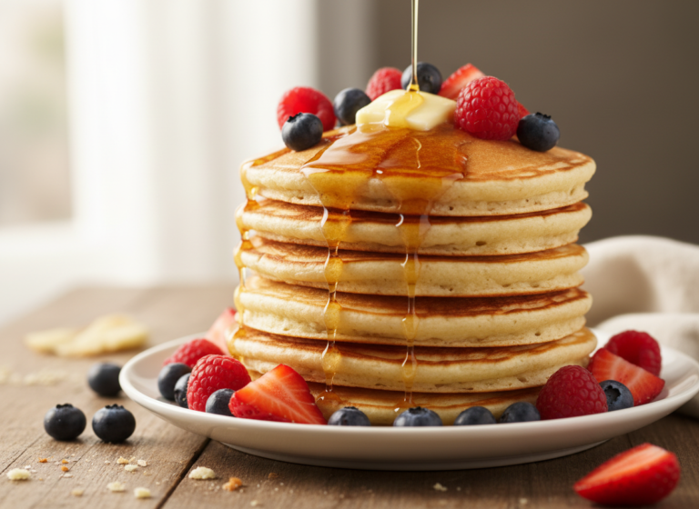 Tall stack of buttermilk pancakes with butter, maple syrup and berries