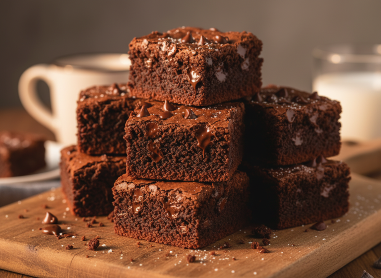Stack of fudgy homemade brownies cut into squares