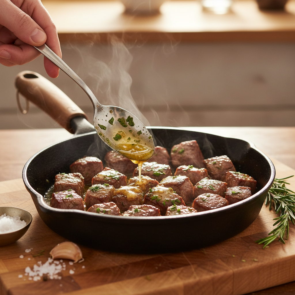 Steak bites being basted with melted garlic butter in the skillet