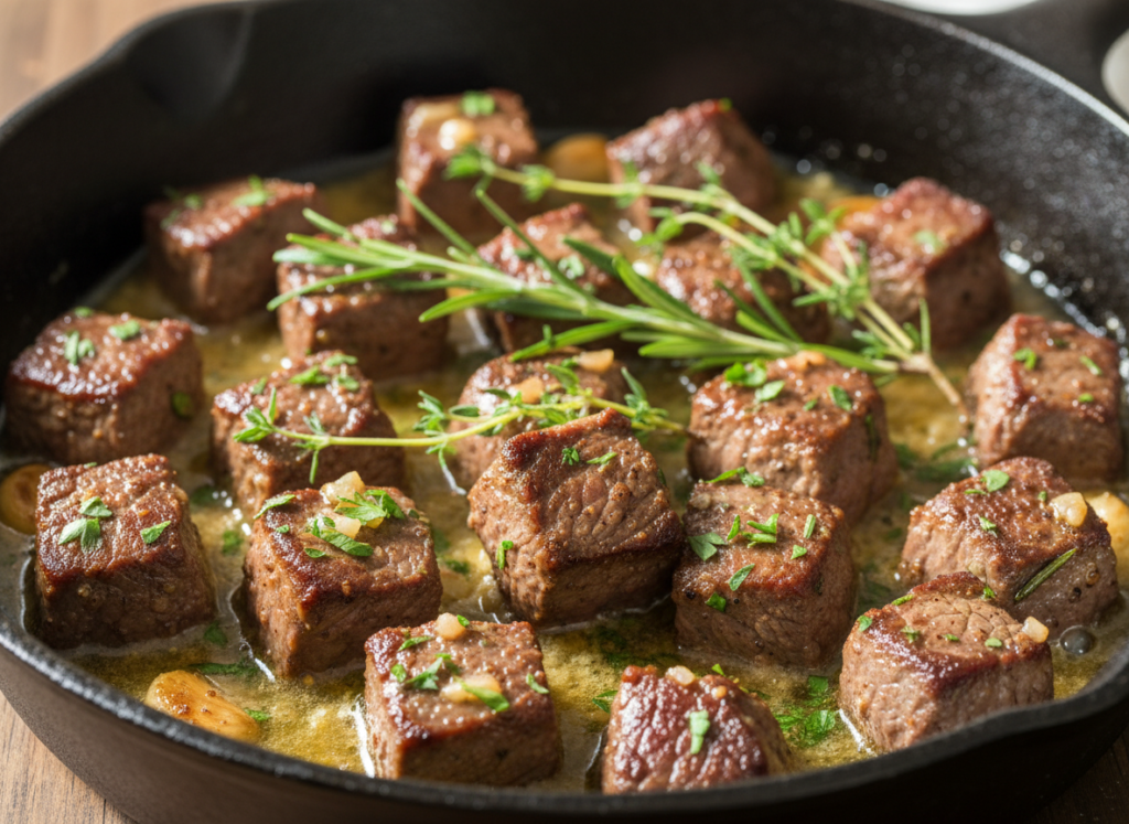 How Do You Get a Real Crust on Garlic Butter Steak Bites? 2 Cast iron skillet of garlic butter steak bites glazed in butter sauce with herbs