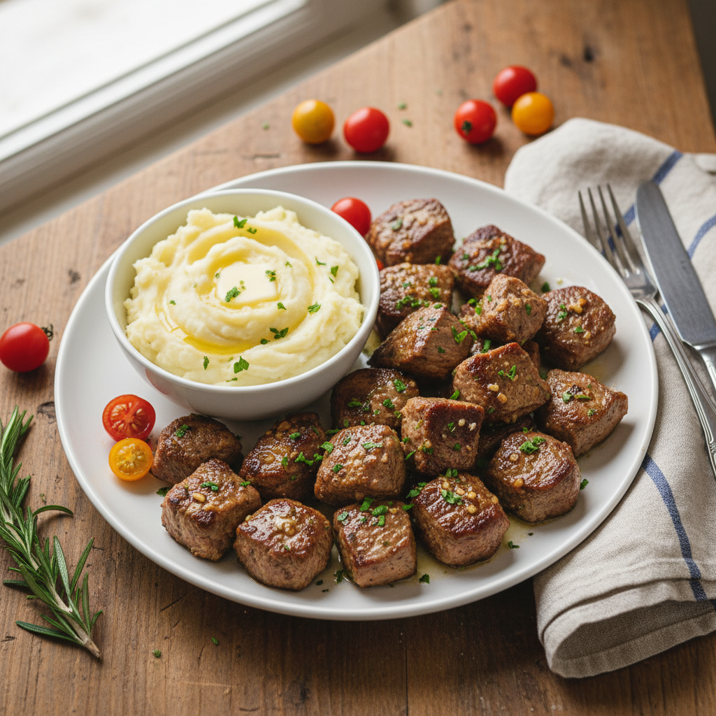 How Do You Get a Real Crust on Garlic Butter Steak Bites? 7 Plated garlic butter steak bites with fresh parsley and mashed potatoes