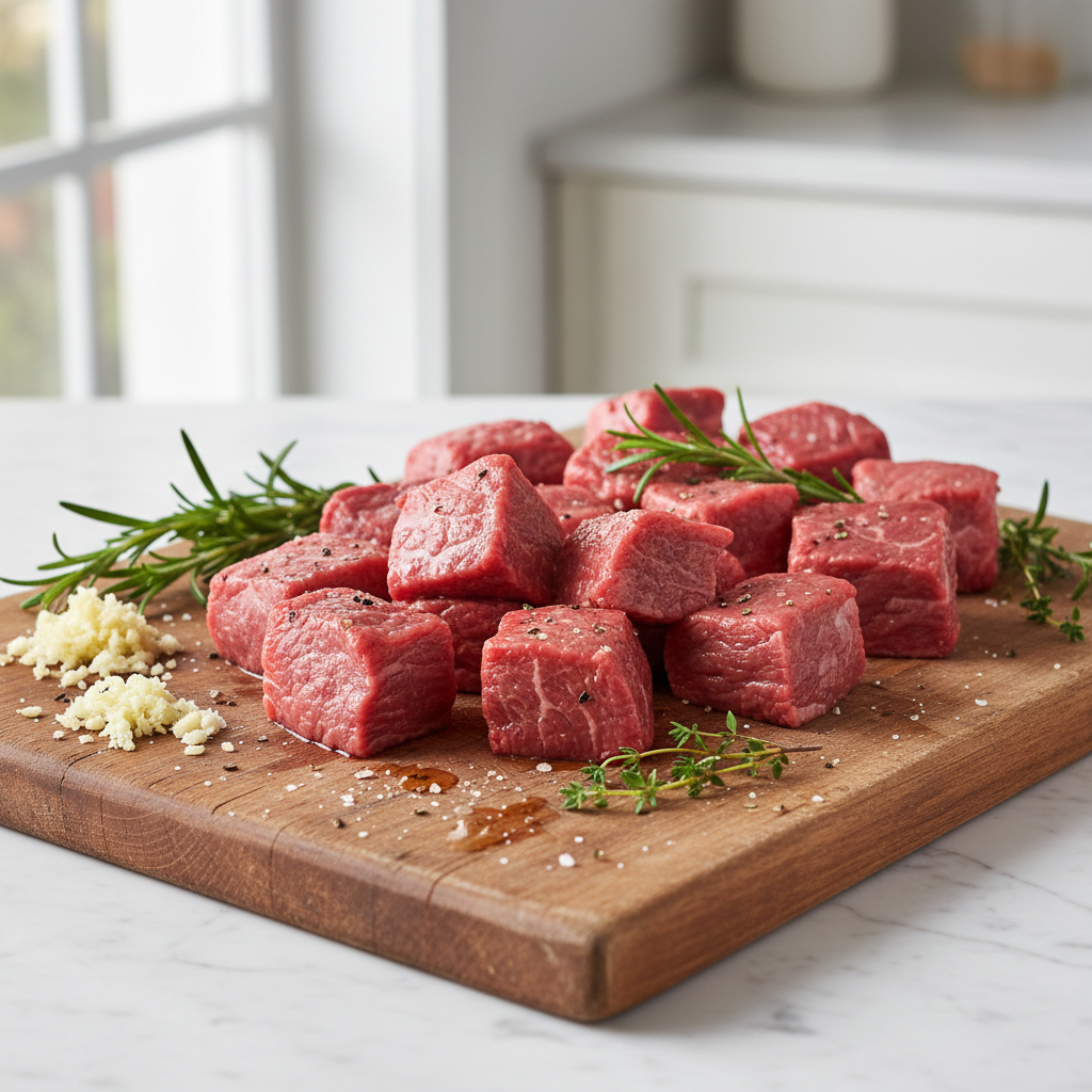 How Do You Get a Real Crust on Garlic Butter Steak Bites? 4 Raw sirloin steak cubes with minced garlic and fresh herbs on a cutting board