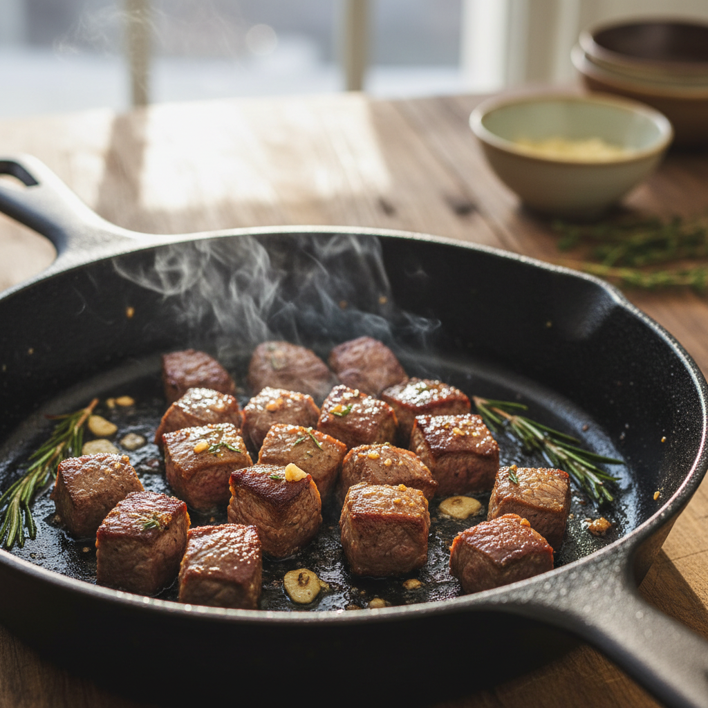 How Do You Get a Real Crust on Garlic Butter Steak Bites? 5 Steak cubes searing in a single layer in a hot cast iron skillet