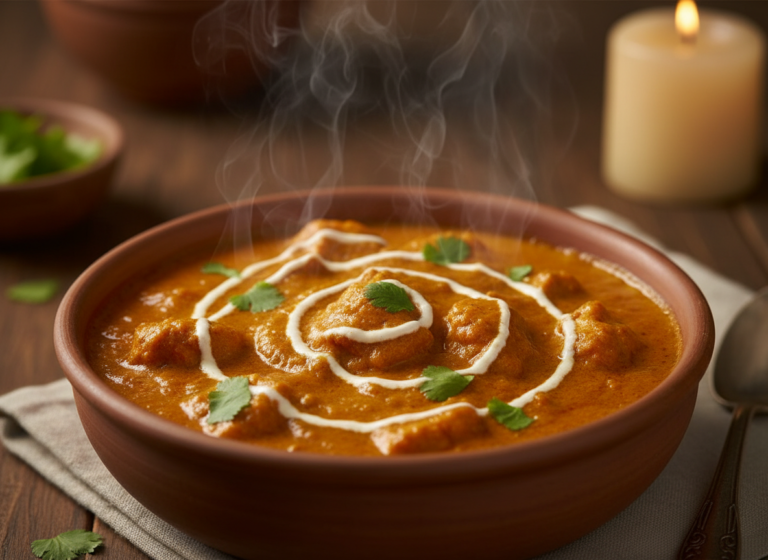 Golden, creamy butter chicken garnished with fresh cilantro