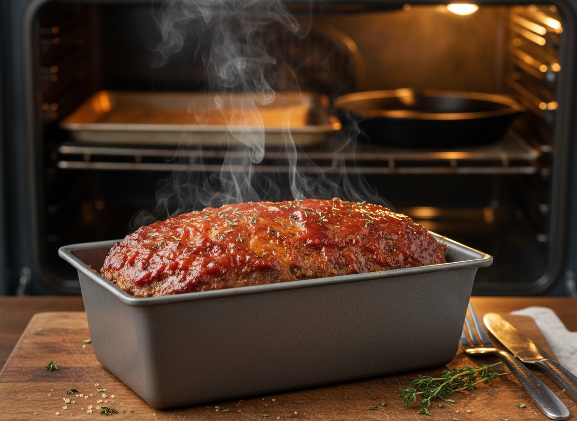 Glazed Grandma's meatloaf fresh out of the oven with caramelized top