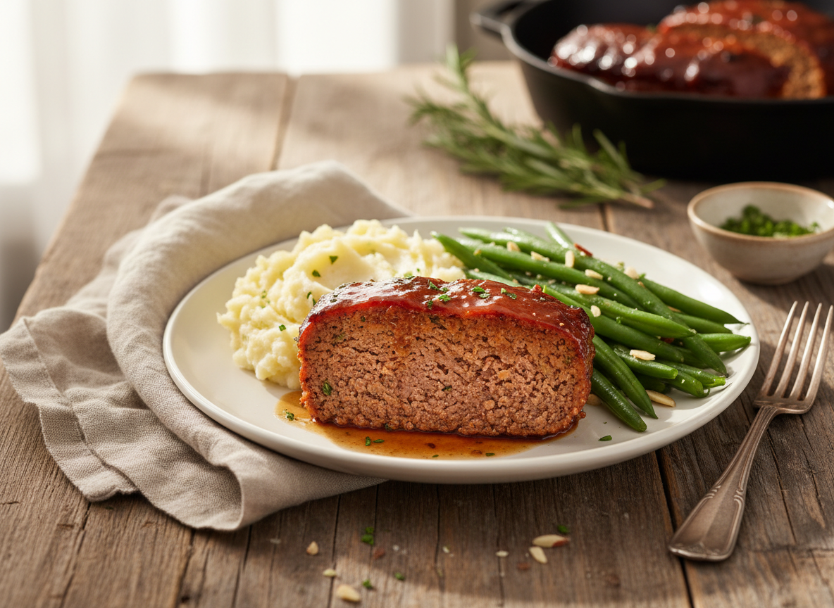 Sliced Grandma's meatloaf plated with mashed potatoes and green beans