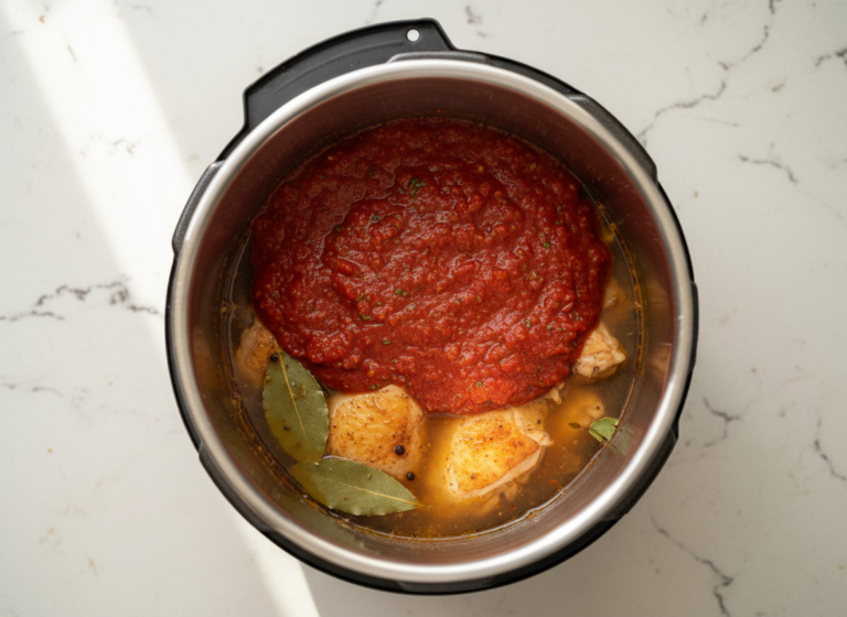 Thick tomato sauce layered on top of chicken and broth in a pressure cooker pot, not stirred in