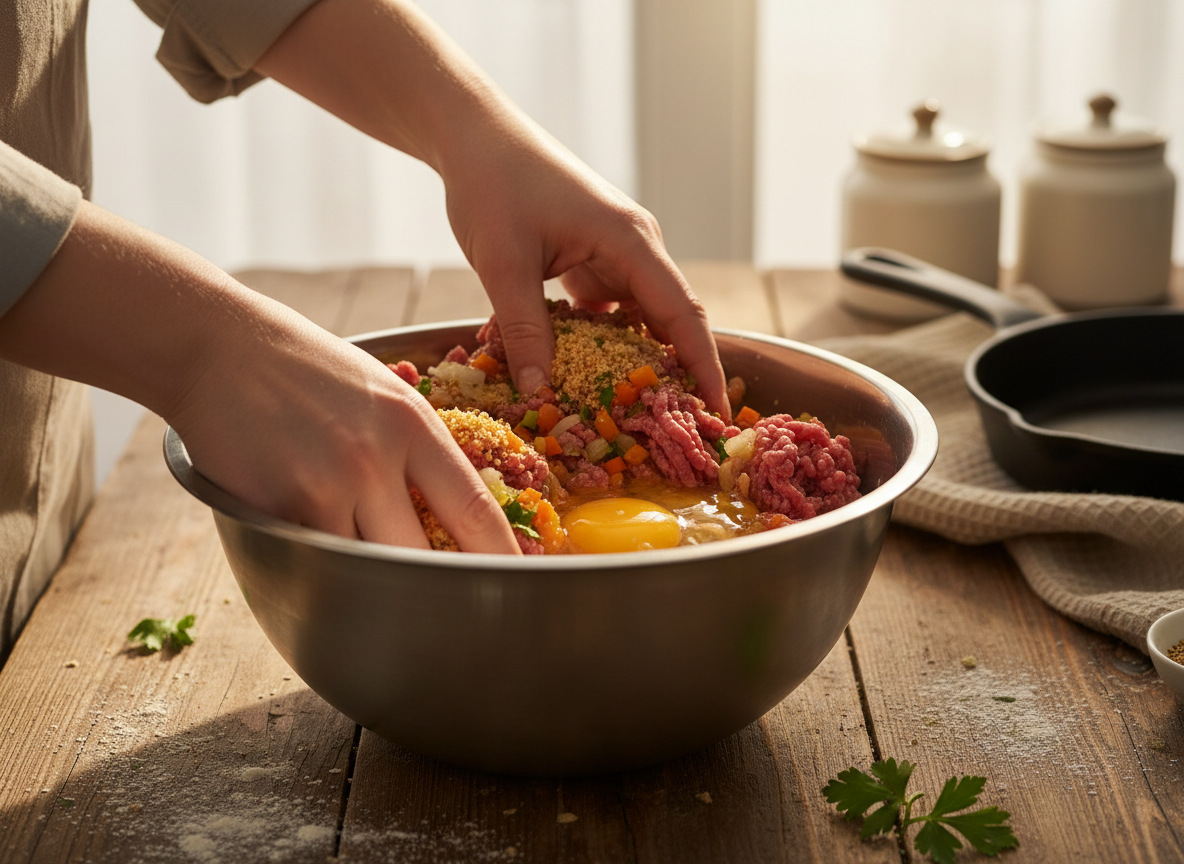 Mixing ground beef and ingredients by hand for Grandma's meatloaf