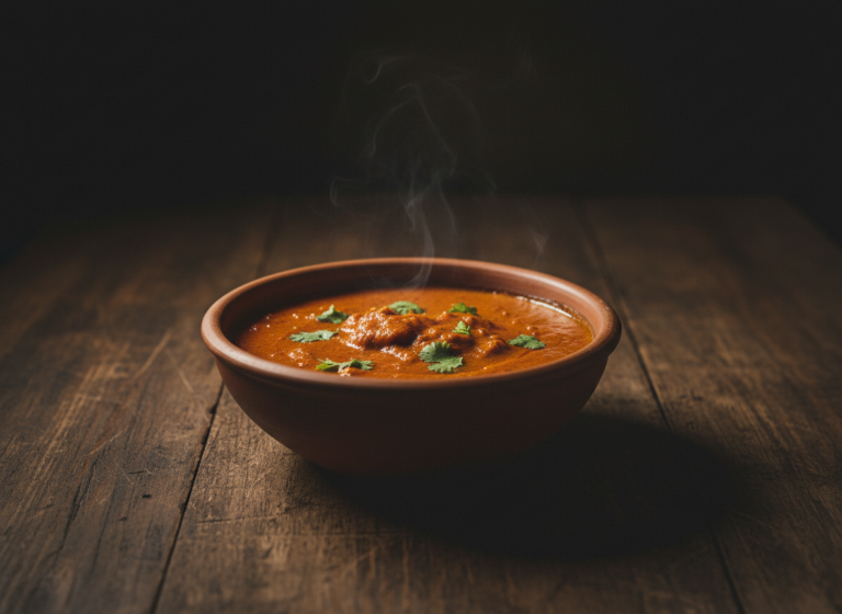 Instant Pot butter chicken simmering in a rustic bowl