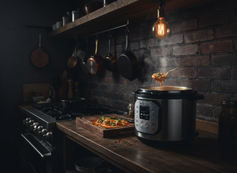 Butter chicken sauce simmering inside a dimly lit pressure cooker